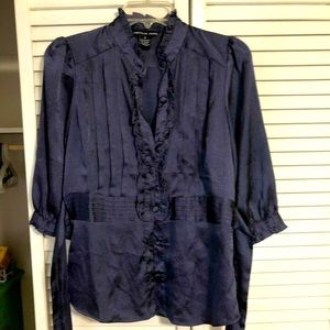 Antilia Femme Dark Periwinkle Violet Purple Satin Tie Ruffle Blouse Medium